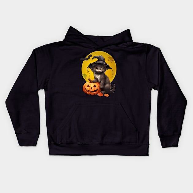 Black Cat In Witch Hat Harvest Moon Halloween Kids Hoodie by tamdevo1
